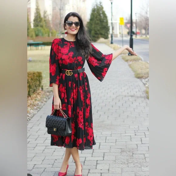 H&M | Dresses | H M Chiffon Black And Red Poppy Dress